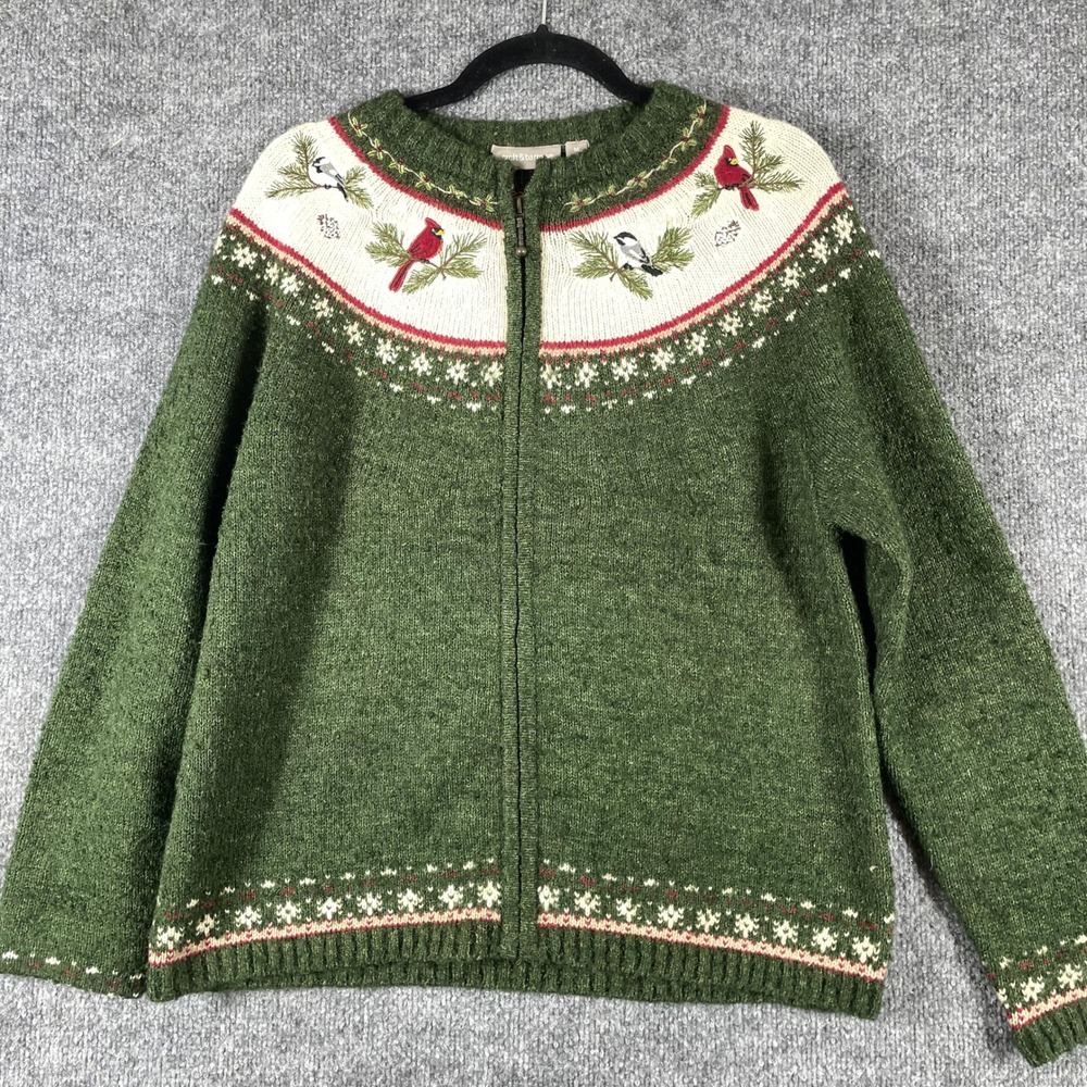 Croft & Barrow Cardigan Sweater Womens Medium Green Bird Silk Wool Cardinal Zip